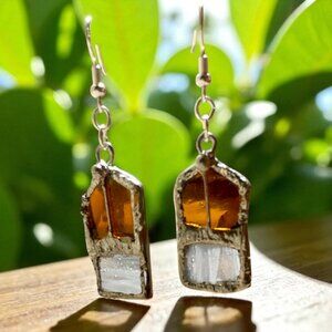 Amber & Clear Stained Glass Dangle Artisan Earrings W/ Silver Solder & 925 Hooks